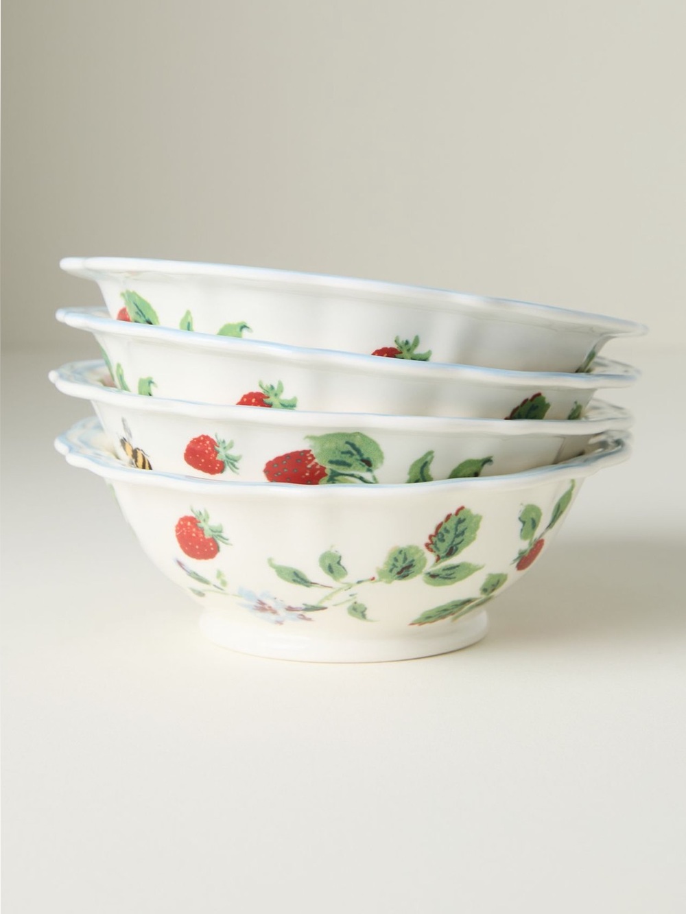 🐝Anthropologie Cereal Bowls Camille Stoneware New Bee Strawberry Floral Blue Set